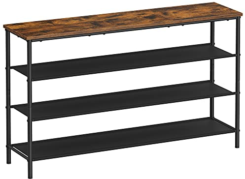 VASAGLE Shoe Rack 4 Tier, Narrow Shoe Storage Organiser for Wardrobe Hallway, with 3 Fabric Shelves and Top for Bags, Shoe Shelf, Steel Frame, Industrial, Rustic Brown and Black LBS135B01