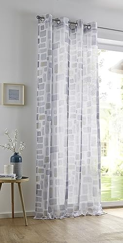 Kutti Weißer Vorhang Glen halbtransparente Gardine mit Ösen Silber. Moderner Schal für Gardinenstangen, Bedruckt, Dessin grau beige Taupe, Polyester pflegeleicht, B 135 x H 145 cm, (1 Stück)