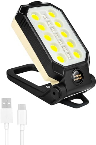 Lámpara de Trabajo Linterna LED Recargable Portatil, COB Lámpara Magnética Ajustable 4 Modos Lámpara de Inspección Plegable con Gancho para Camping, Pesca, Taller, Emergencia, Reparación de Coche