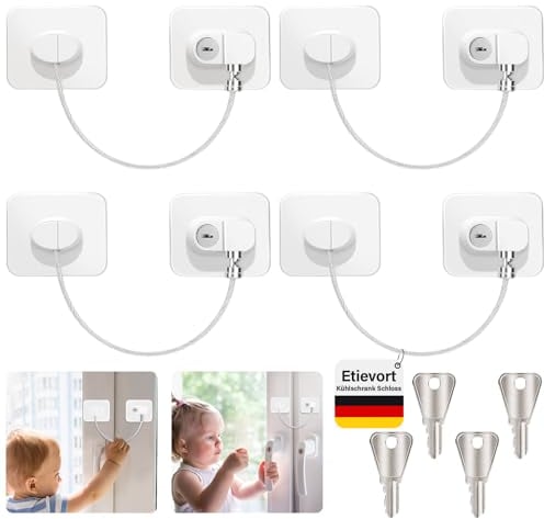 4 Stück Kühlschrank Schloss, Fenster Sicherungen Kinder, Fenstersicherung Kinder Ohne Bohren mit Schlüssel, Kindersicherung Fenster für Kühlschrank, Tür Schränke, Fenster, Kühlschrank Sicherung, Weiß
