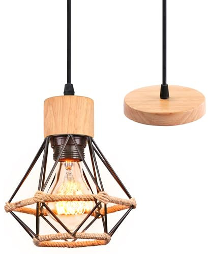 iDEGU Suspension Luminaire Induistrielle en Bois Vintage Lustre Noir Design Cage Créatif Plafonnier Abat-jour en Métal avec Corde de Chanvre Rétro Lampe de Plafond pour Cuisine Salon Chambre