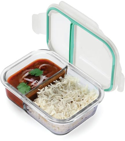 SOPL-OLIVEWARE Oliveware Elite Microwave Safe Office Two Compartment Lunch Box Set | Borosilicate Glass | Safety Lock Airtight Tiffin Containers (600ml), LB167