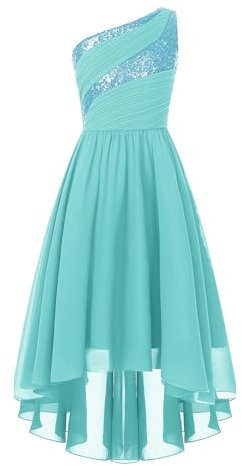 iEFiEL Mädchen Kleid Festlich Eine Schulter Hochzeitkleid Hi-Lo Blumenmädchenkleid Abendkleid Kinder Festkleid Kommunionskleid Türkis 134-140