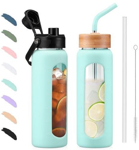 BLUEGO 700ml Glass Water Bottle with Straw and 2 Lids Glass Coffee Cup with Time Marker and Silicone Protector Glass Tumbler for Beverages Soda Cola BPA Free, Light Blue