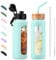 BLUEGO 700ML Bouteille d'eau en Verre et 2 Couvercles Gourde Reutilisable Tasse à Café avec Marqueur de Temps et Protecteur en Silicone Sans BPA pour Enfant et Adultes, Bleu clair