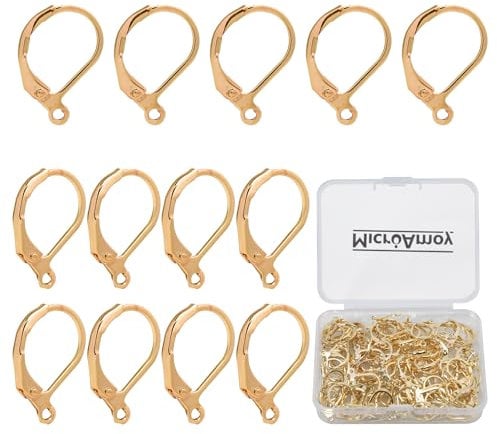 MICROAMOY 100Pcs 14K Gold Filled Leverback Earwires French Earring Hooks,Hypoallergenic Dangle Ear Wire Findings for DIY Jewelry Making Supplies (Gold-French Earring Hooks)