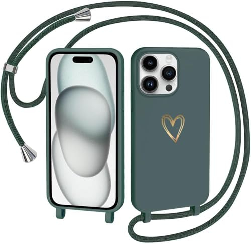 CaseLover Handykette kompatibel mit iPhone 13 Pro Hülle mit Band, Herz Muster Silikon Necklace Handyhülle mit Abnehmbar Kordel zum Umhängen Stossfest Bumper Schutzhülle für iPhone 13 Pro, Grün