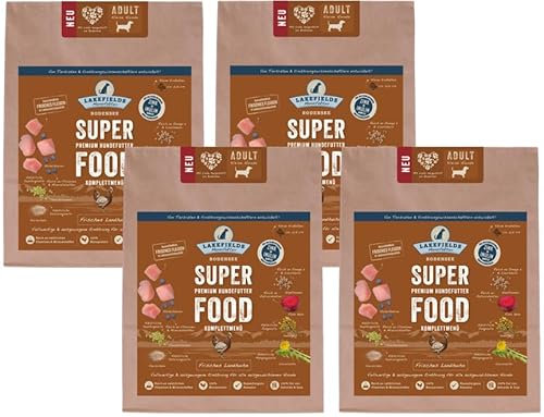 Lakefields SUPERFOOD | Premium Hundefutter trocken | 61% Huhn | 4 x 1kg | Getreidefreies Hundefutter für kleine Hunde | Mit Hagebutte, Heidelbeeren & Roter Beete | Von Tierärzten entwickelt