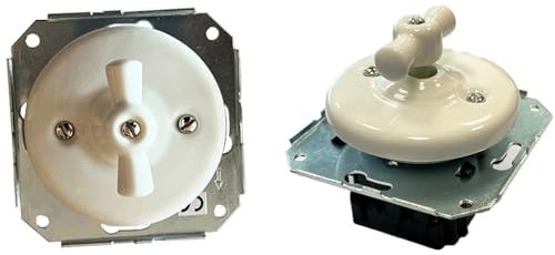 Conmutador empotrable de porcelana blanca, características técnicas superiores, ideal para iluminación y control de circuitos eléctricos.