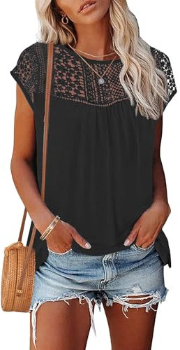 WNEEDU Womens Summer T Shirts Lace Tops Cap Short Sleeve Tshirt Crew Neck Casual Blouses Elegant 2025 New Black XL