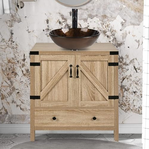 Moderner Waschbeckenunterschrank mit freistehendem Waschtisch und braunem Glasgefäß, 70 cm