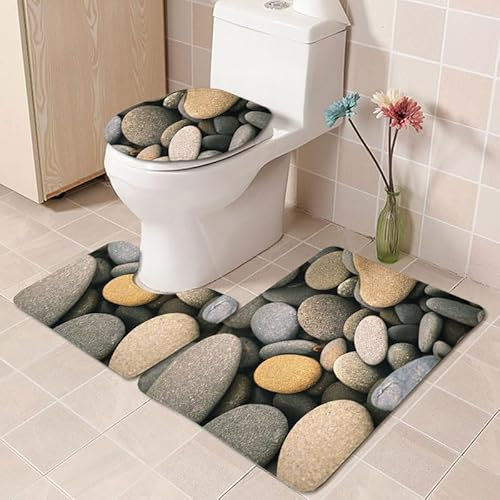 Tapis de Bain Set de 3 Galets Gris Orange Tapis WC Lavable Tapis Salle de Bain Tapis Toilette Forme de U Tapis Toilette WC Contour et Couverture de Toilette Tapis Absorbant 45x75 cm