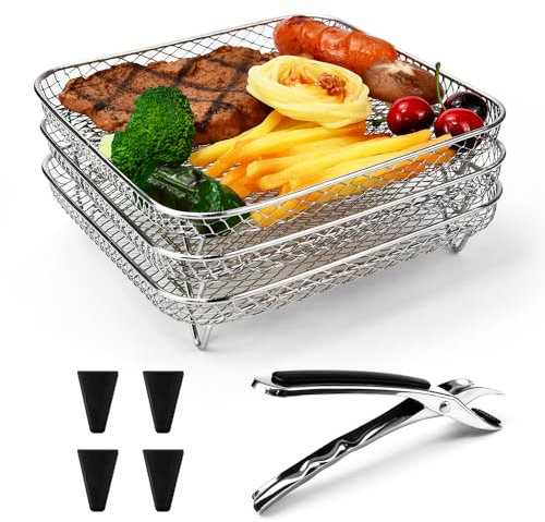 LPAMABA 3 Griglie per Friggitrice ad Aria Cestelli per Friggitrice ad Aria in Acciaio Inox Cestelli per Disidratatore Impilabili a 3 Strati per Friggitrice ad Aria Forno, 22 x 22 x 4.5 cm
