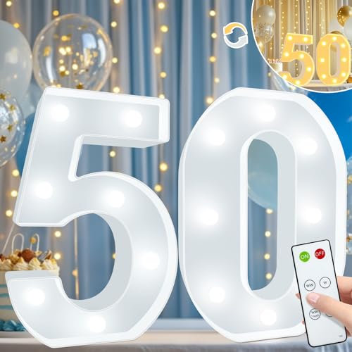 Vimlits Light Up Numbers 50th Birthday Decorations, LED Number Lights Lighted Number Sign for Party Backdrop Wedding Anniversary Remote Wall Table Decor - Cool White & Warm White 50