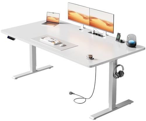 HLONONE Höhenverstellbarer Schreibtisch 160×80cm mit USB-Ladeanschluss und Steckdose, Elektrischer Schreibtisch, Verstellbarer Computertisch mit 3-Funktions-Memory, Weiß