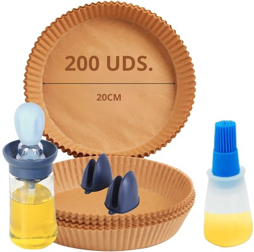 Mypicompany. Papel Freidora Aire. 200 Piezas de Papel para Freidora de Aire de 20cm+ 2 Aceiteras con Brocha+Guantes silicona. Papel Air Fryer Redondo. Moldes Papel Freidora de Aire Antiadherente.