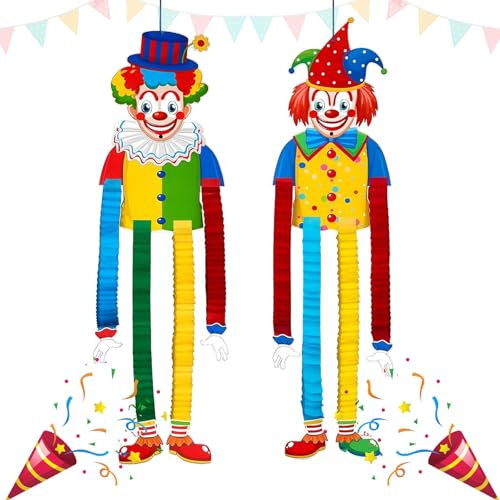 LXBCTOP Clown Deko Karneval, 2 Stück Clown Banner Karnevals Deko, Clown Girlanden Faschingsdeko, Farbe Papier Luftschlangen Fasching Deko, Hängend Clown Figuren Deko für Wand Tür Zirkus Kinderpartys
