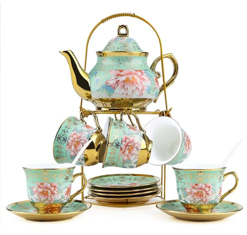 20Pcs Tea Set for Adults, Porcelain Tea Cup (160ml/5.4oz) with Teapot (700ml/23oz) & Saucers & Spoons & Metal Holder, Gold Flower Painting for Afternoon Tea, Wedding & Gift