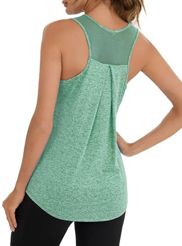 Terecey Damen Sport Tank Top Ärmelloses Yoga Fitness Shirt Locker Racerback Sporttop Atmungsaktives Mesh Zurück Sportoberteile, Grün L