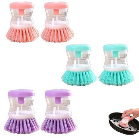 6 PCS Dish Brush with Soap Dispenser, Two in One Multifunctional Design Washing Up Brush, Soft Pressing Design Dish Brushes for Washing Up Suitable for Cleaning Pots Bowls and Kitchen Utensils