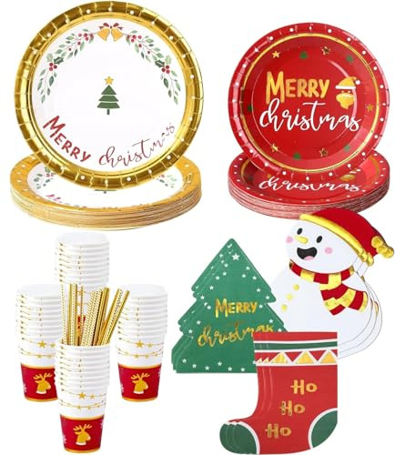 LATERN 127 Pièces Vaisselle en Papier pour Fête de Noël, 25 x 23CM Assiettes à Plates, 25 x 18CM Assiettes à Salade, 25 x Gobelets, 27 x Serviettes, 25 x Pailles en papier - pour Noël Fêtes Décoration