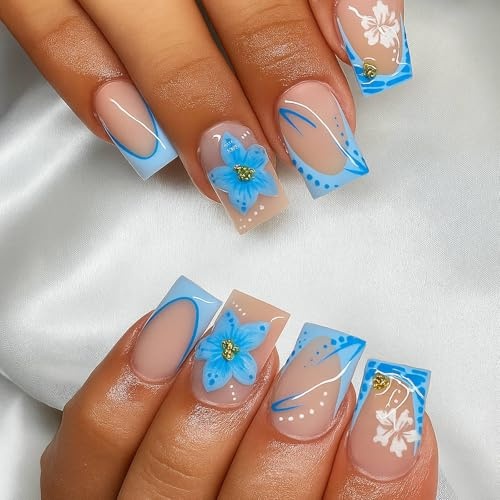Blue Wave Gradient Press on Nails with 3D Floral & Polka Dot Design - Short Square False Nail Tips for Elegant, Glossy Home Manicure, Reusable & Easy to Apply, Transparent Glossy Manicure Set