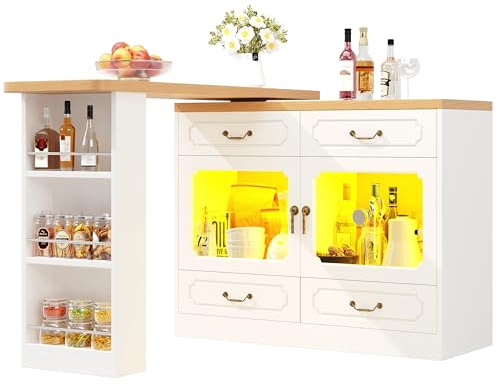 Ausziehbarer Bartisch mit Stauraum(135-203×39×92.8cm) , 360° drehbare Essbar, geeignet für Schlafzimmer, Wohnzimmer, Esszimmer, Teleskopischer Bartisch mit LED, Hochtisch Kücheninsel (Weiß)