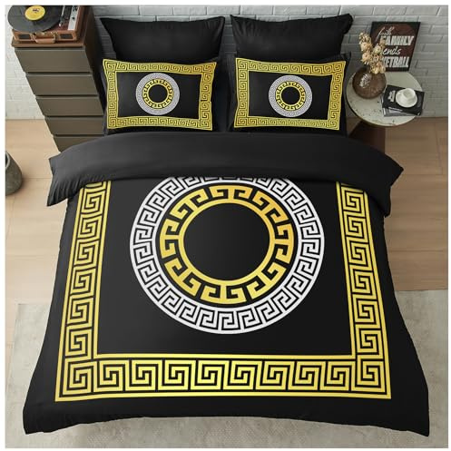 GC GAVENO CAVAILIA Greek Double Duvet Set - Easy Care Microfiber Quilt Cover with Pillowcases - Lightweight & Durable Duvet Comforter - Geometric Style Bedding Set, Black/Gold