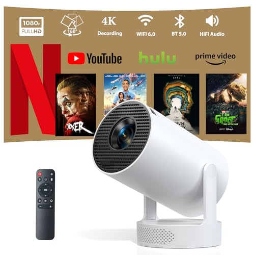 Mini Beamer, 4K Decoding Full HD 1080P, 20000 Lumen Helligkeit, Android 11 System, Wi-Fi 6 & Bluetooth 5.0, Eingebauter HiFi Lautsprecher, 180° Drehbarer Projektor für Schlafzimmer & Heimkino