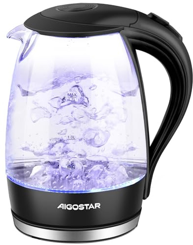 Aigostar Hervidor de Agua Eléctrico de Cristal, 1,7 L, Hervidores Eléctrico con Iluminación Led, 2200W, Libre de BPA y Sistema de Protección Contra la Ebullición en Seco, Base 360º