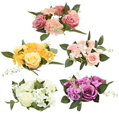 5 Stück Rosen Kerzenkranz für Stabkerzen, Realistische Deko | Kunststoff und Stoff, Leicht und Pflegeleicht, für Hochzeit und Tägliche Dekoration