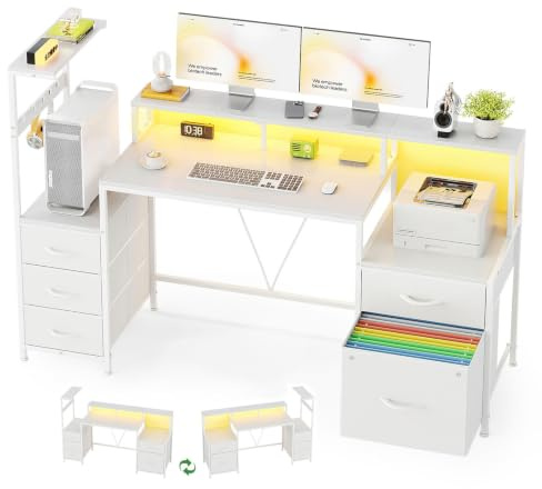MUTUN 160cm Computer Desk with Printer Stand and Storage Shelves, Reversible Home Office Desk with Fabric Drawers and Monitor Shelf, Writing Work Desk for Bedroom Living Room Study, White