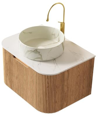 dowowdo 61cm Hängender Waschtisch mit Marmor-Optik Becken & Carrara-Platte – vormontiert, mit gebogener, gestreifter Front in Naturholzmaserung und praktischer Schublade