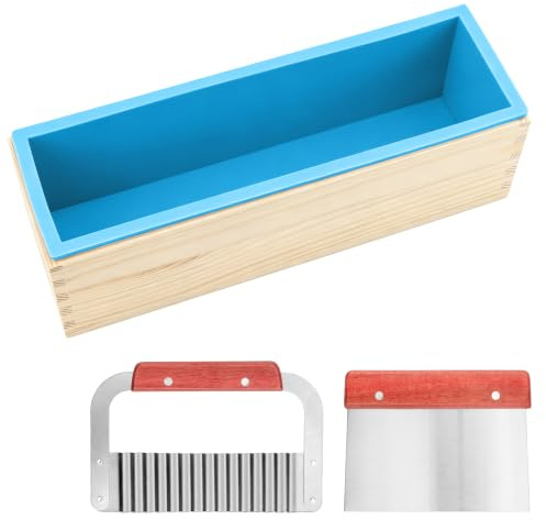 MAHIONG Soap Molds Kit, 42oz Rectangle Silicone Soap Moulds, Soap Making Supplies, Wooden Box & Stainless Steel Wavy Straight Soap Cutter Tools for DIY Handmade Craft
