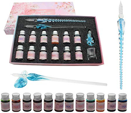 XIAOYU Glas Dip Pen Ink Set, 16 Stück Kalligraphie-Stifte-Set – 12 bunte Tinten, Stifthalter, Reinigungsbecher, 2 Kristallglasstifte für Kunst, Schreiben, Zeichnen, Unterschrift – Hellblau