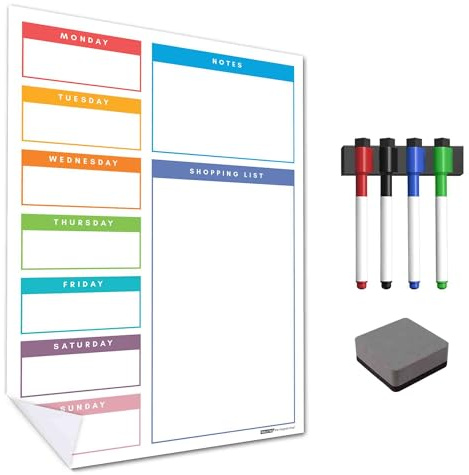 WallTAC Wochenplaner-Wandaufkleber, einfach anzubringen und zu entfernen, trocken abwischbare Whiteboards für Zuhause und Küche (Mehrfarbig, A3)