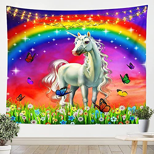 Kinder Einhorn Wandteppich 148x200cm Weiß Magisch Einhorn Pferd Schmetterling Dekor Tapisserie für Jungen Mädchen Regenbogen Blumenzweige Wandbehang für Schlafzimmer Wohnzimmer Märchen