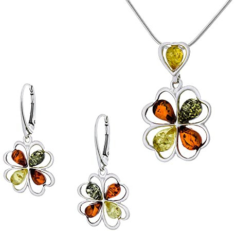AMBEDORA Damen Juliette Set Silber 925 Poliert Farbiger Baltischen Bernstein Anhänger mit Kette Schlange und Ohrringe Bereit Geschenk-Set