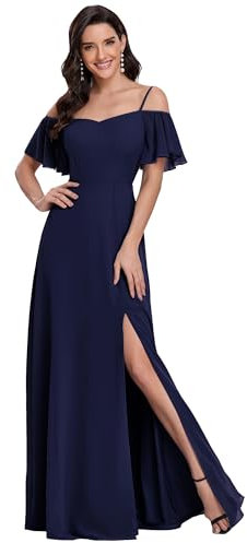 Ever-Pretty Women's Ruffles One Shoulder Short Sleeve Empire Waist A Line Chiffon Long Evening Dresses with Side Slit Navy Blue 10UK
