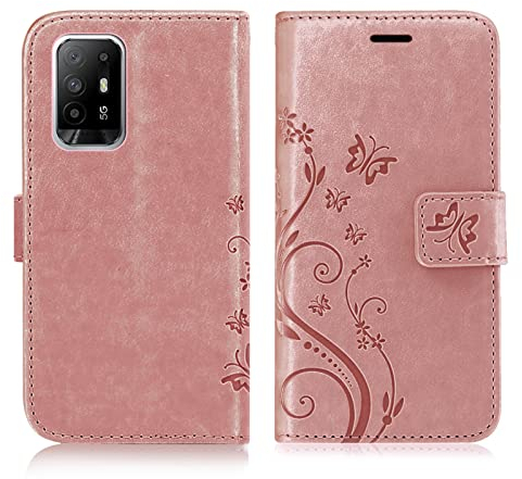 betterfon Hülle Kompatibel mit Oppo A94 5G | Premium PU Leder Handyhülle Wallet Case für A94 5G | Schutzhülle Blumen Klapphülle Handyhülle | Rosegold