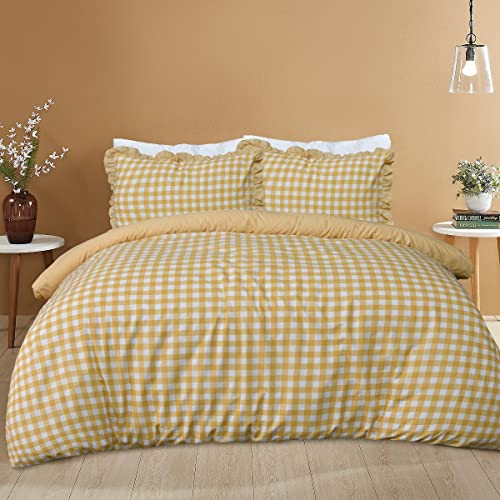 Sleepdown Parure de lit avec Housse de Couette et taie d'oreiller à Volants - Motif Vichy - Jaune Moutarde - Simple (135 x 200 cm)