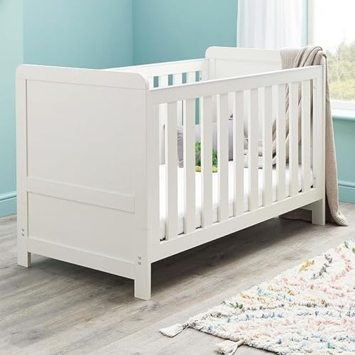 Babymore Caro Cot Bed White Wash - Baby Cot Bed With Teething Rail Without Mattress, Convertible to Toddler Bed With 3 Adjustable Mattress Base Positions | Up to 5 Years