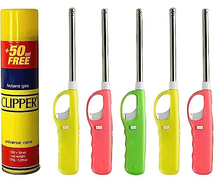 OBD 5 x Candle Lighters Refillable Long Reach Adjustable Flame Safety Lock Windproof Design with Clipper 300ml Gas Refill for Kitchen BBQ Candles Camping and Outdoor Cooking (Assorted Colours)