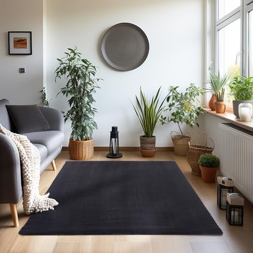 Teppium Waschbarer Teppich Wohnzimmer, Kurzflor rutschfest Flauschig Weich, Einfarbig Schwarz, Felloptik, Super Soft, Grösse 120 x 170 cm