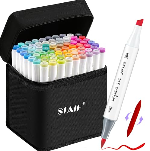 SFAIH Brush Tip Alcohol Markers Set 72 Colors Dual Tip Alcohol Based Markers Brush Tip and Chisel Tip, Art Drawing Markers for Adult Coloring Books w/ 1 Blender