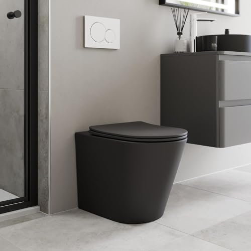 Affine® Modern Bathroom Cloakroom Back to Wall BTW Rimless Toilet Space Saving Small WC Toilets Soft Close Top Fix Seat D Shape Pan Ceramic, Matt Black