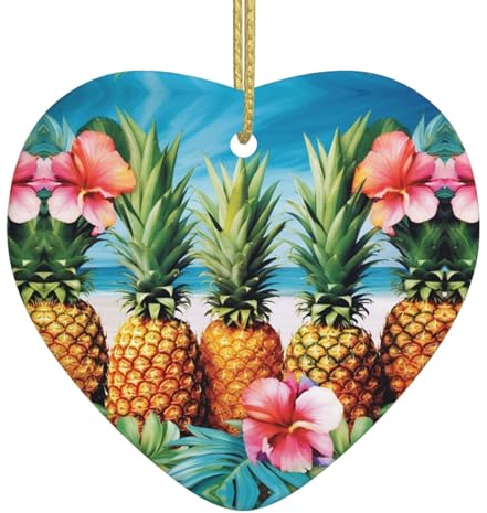 Sommer Ananas Druck Weihnachten Ornamente Herz Keramik Weihnachtsbaum Hängende Ornamente Porzellan Anhänger für Urlaub Dekoration