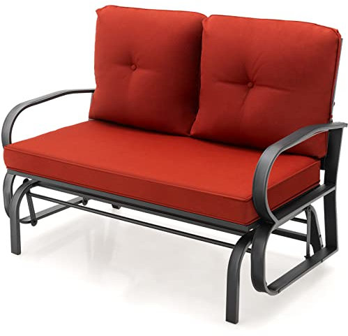 COSTWAY 2-Person Outdoor Glider Bench, Patio Double Swing Rocking Chair with Cushions, Steel Frame Garden Loveseat Relax Gliding Chair for Balcony, Porch and Poolside (Brick Red, 123 x 67 x 87cm)