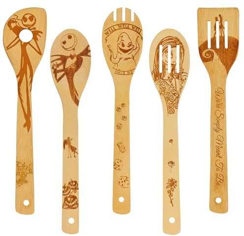 Set di 5 spatole in bambù intagliato con incubo, cucchiaio da cucina in legno inciso, utensili antiaderenti, gadget Jack e Sally, decorazione da cucina per amici, famiglia, matrimonio, inaugurazione