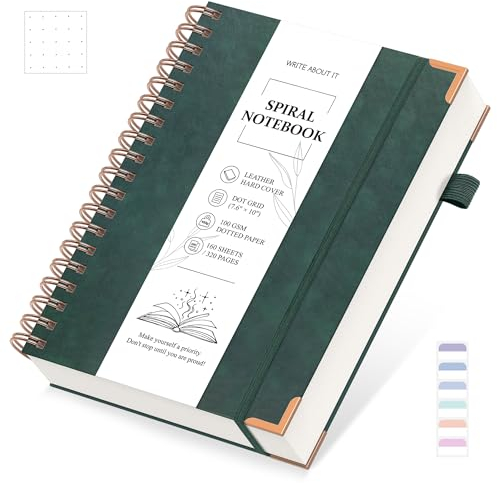 Notizbuch B5 Gepunktetes, Notizblock, Bullet Dot Grid Journal, Spiral Notizbücher 320 Seiten zum Schreiben, 100gsm, Leder Hardcover, für Frauen Männer Arbeit Büro Schule, 19 x 25 cm - Grün